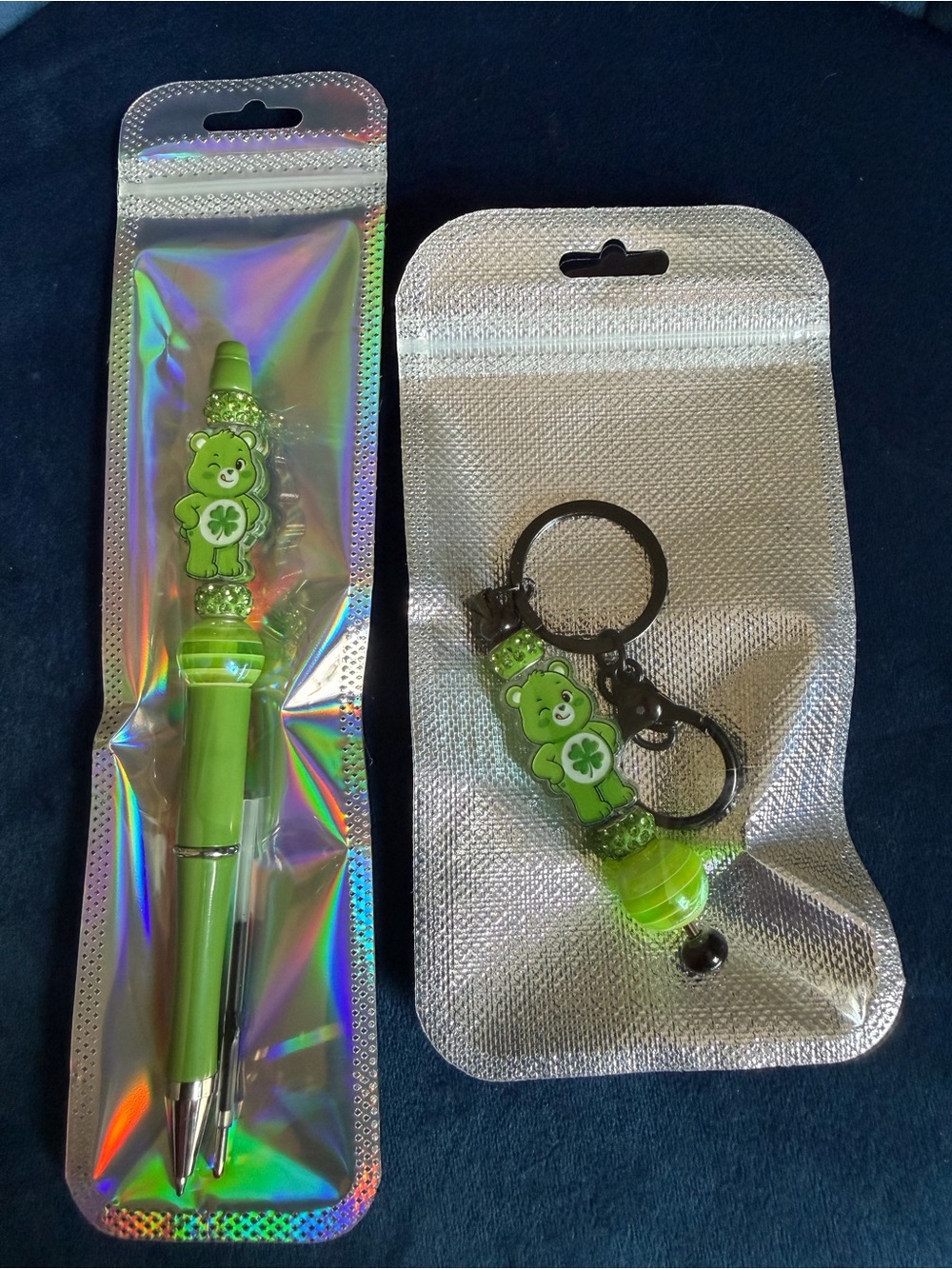 Green Bear Charm Pen and Keychain Set - Lucky Clover Accent